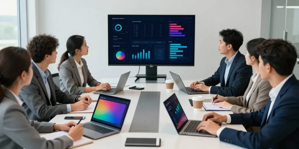 Sneak a peek at this web-site featuring a diverse team in a modern conference room discussing strategies.