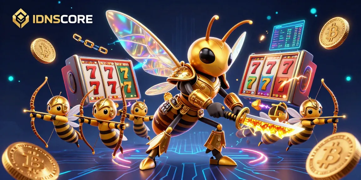 Experience slots with IDNSCORE as bee warriors wield swords amidst crypto coins and jackpot elements.