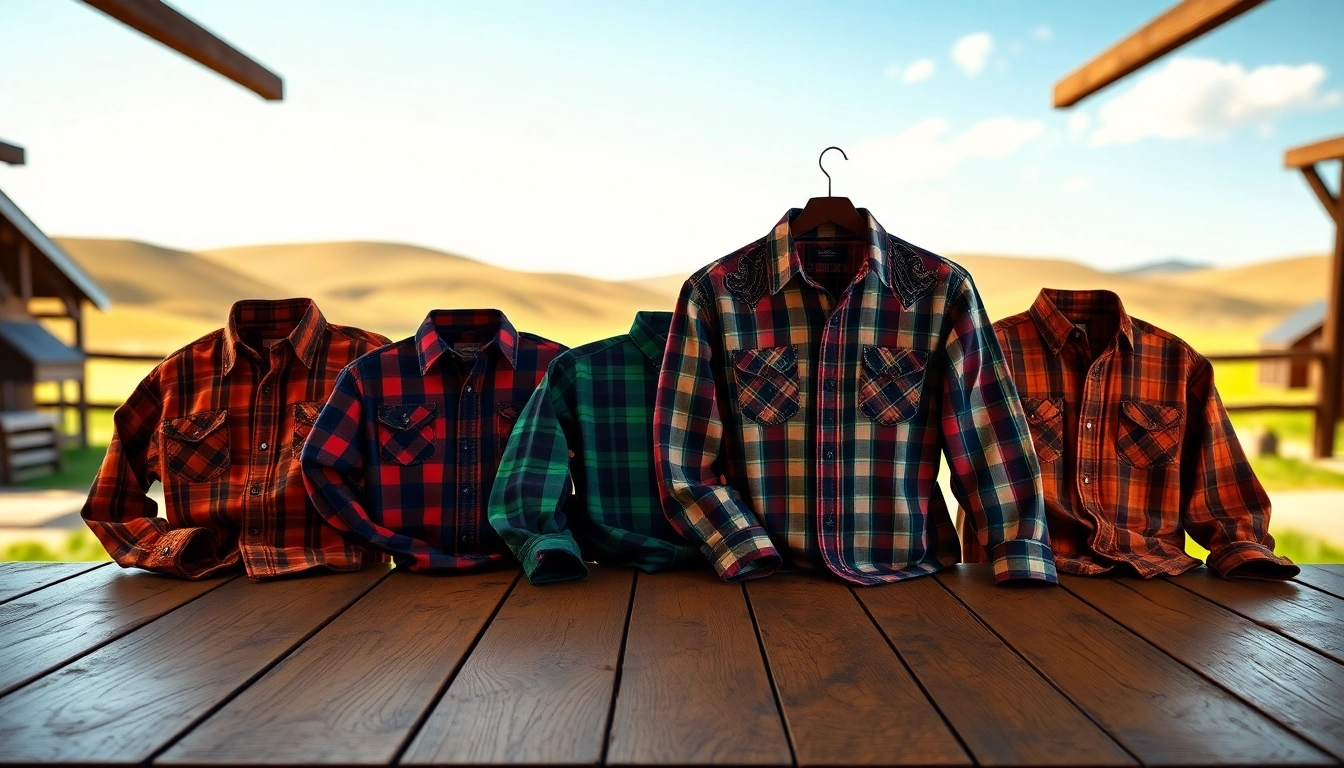Cowboy shirts Canada displayed on a wooden table in a rustic ranch setting.