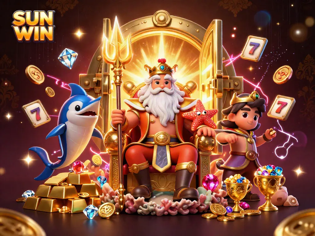 Experience excitement with SUN WIN, showcasing a vibrant scene of Neptune, treasure, and slot games