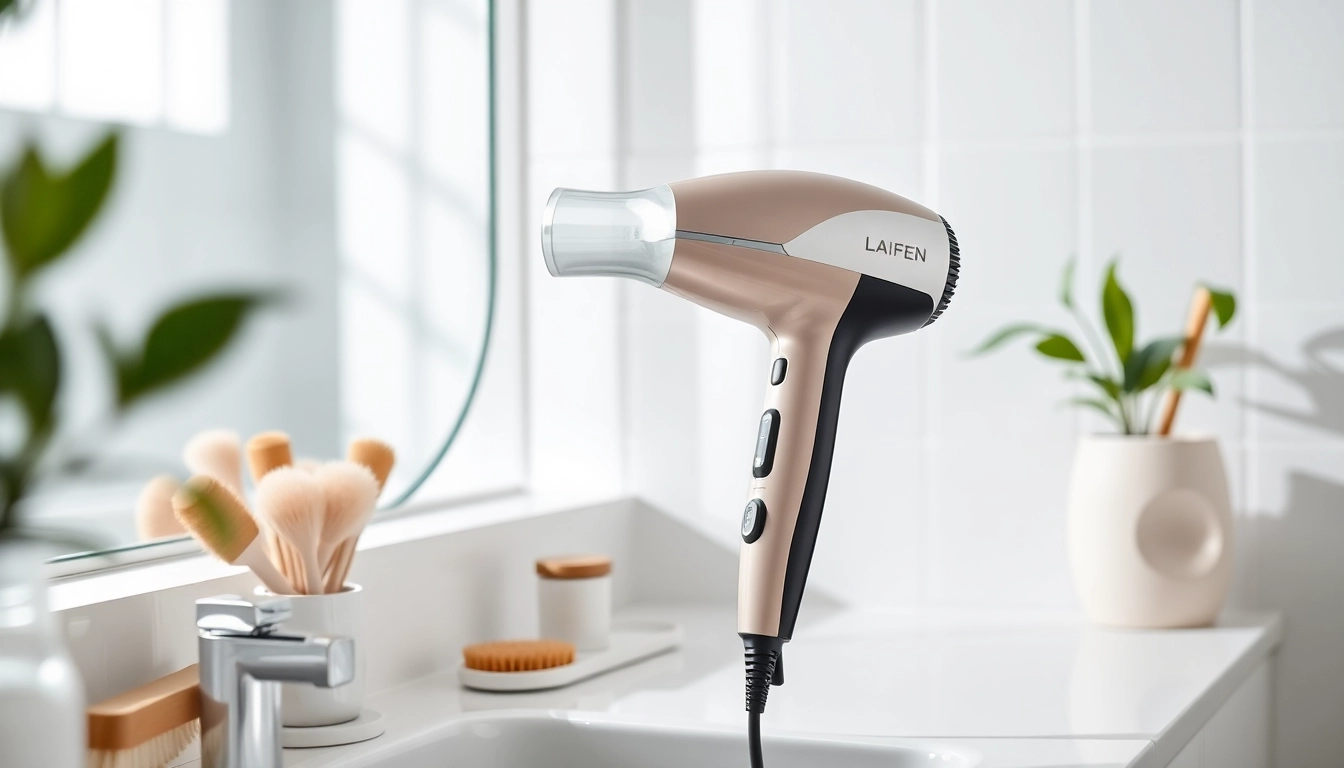 Laifen hair dryer displayed elegantly in a modern bathroom setting, showcasing its sleek design.