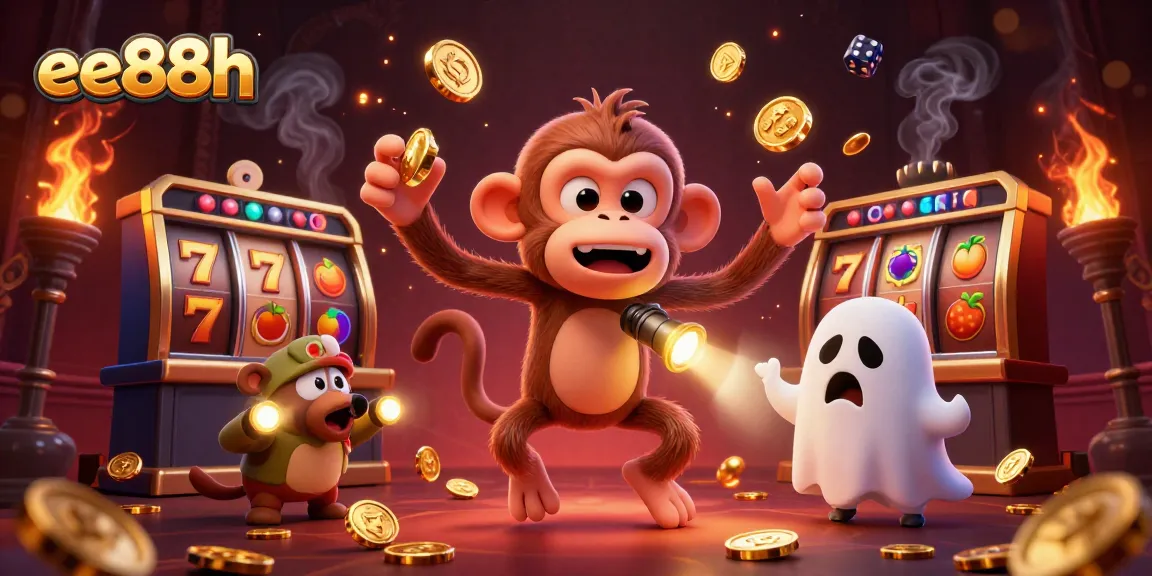 Experience the thrill of ee88h as a playful poltergeist monkey juggles golden items in a vibrant casino scene.