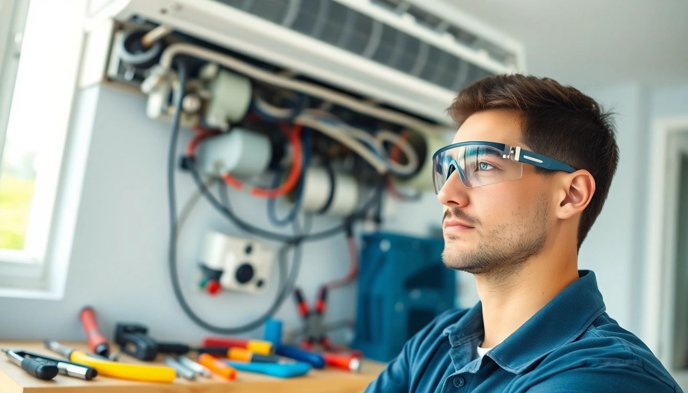 Technician providing ac repair lewisboro in a bright residential environment.