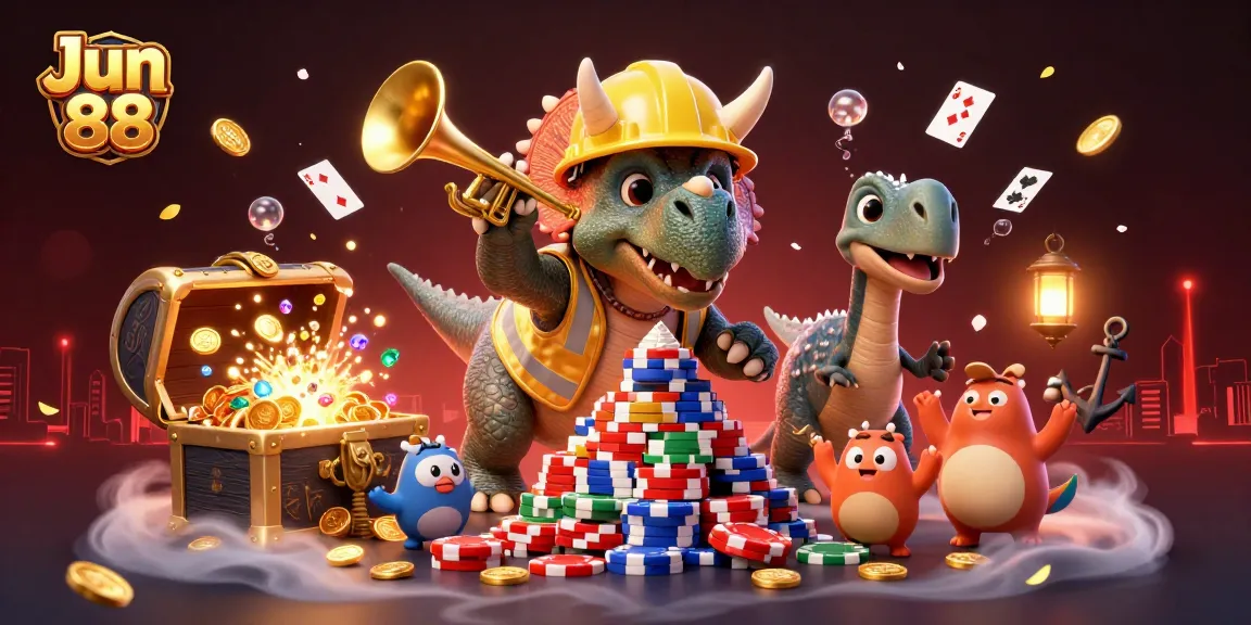 Play exciting casino games at Jun 88 with a vibrant illustration featuring fun characters and gambling action.