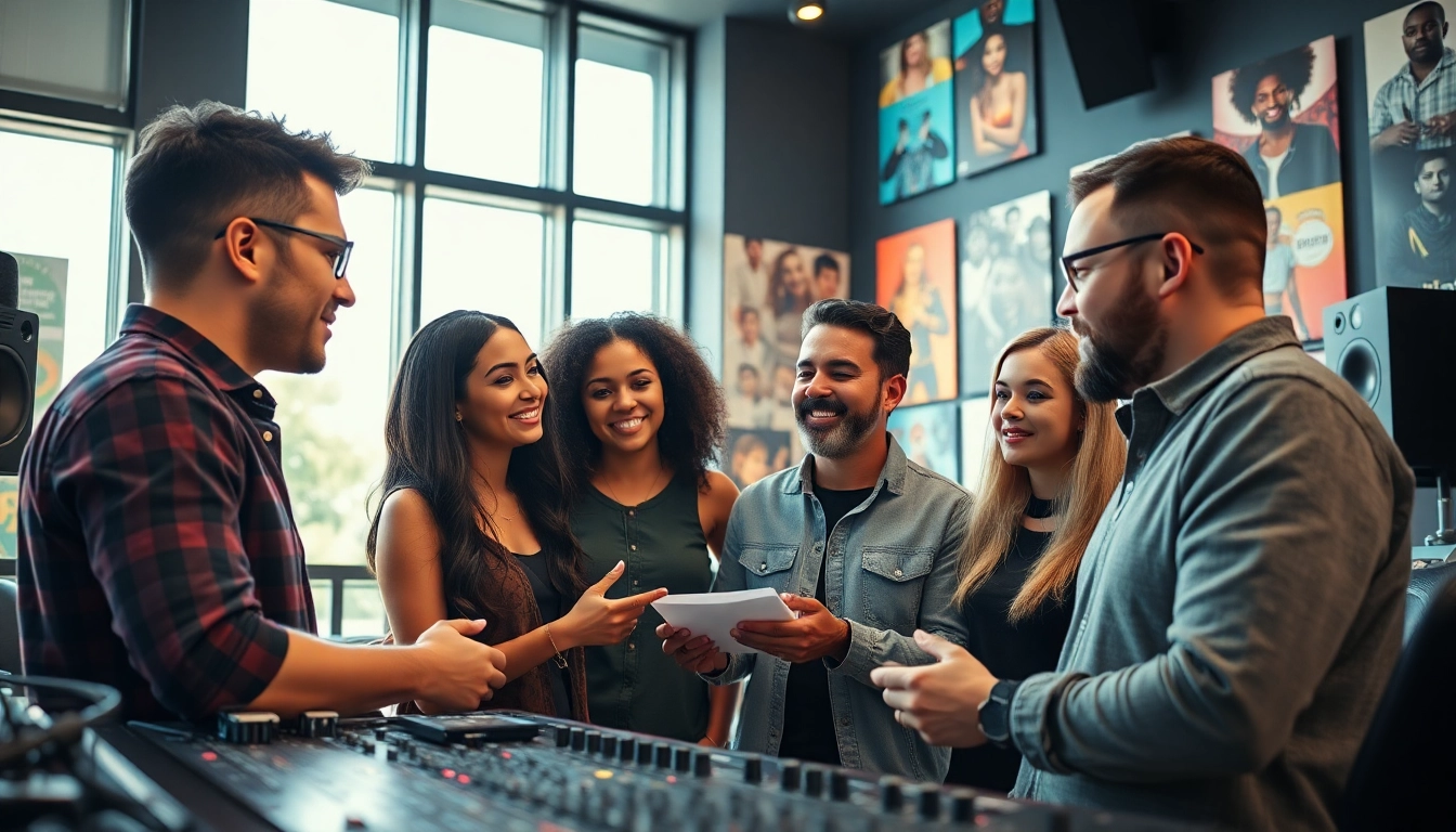 Engaging brainstorming session at a music promotion company in a vibrant studio environment.