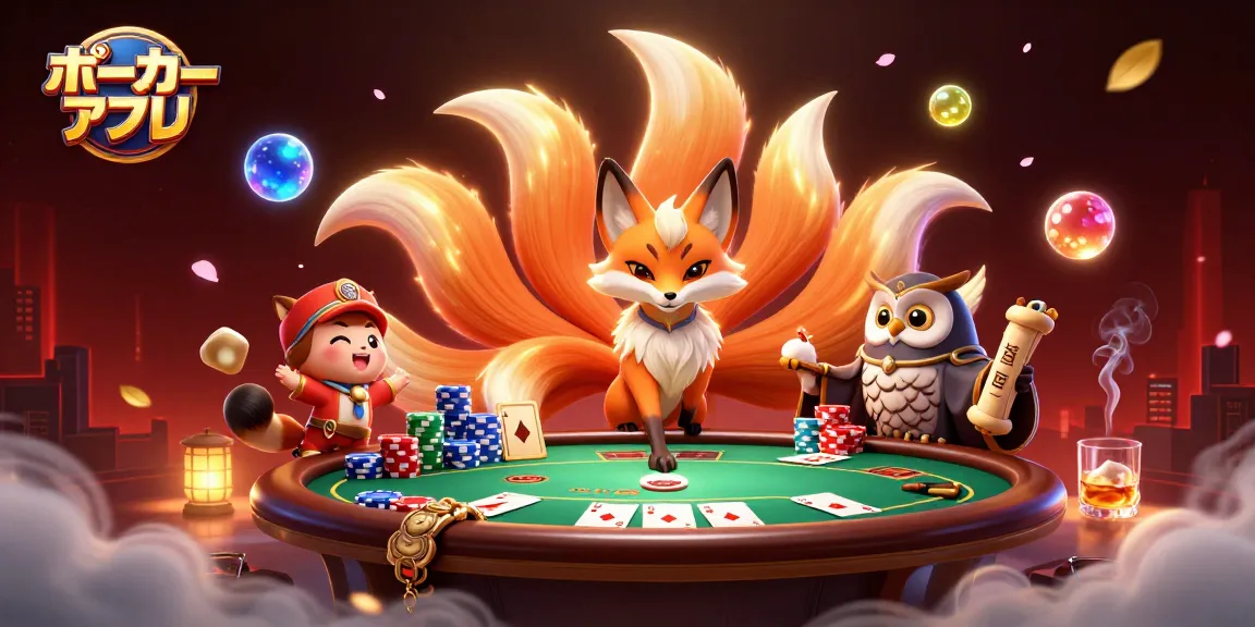 ポーカーアプリを使ってスリリングなプレイを楽しむ九尾の狐と賢者のイラスト