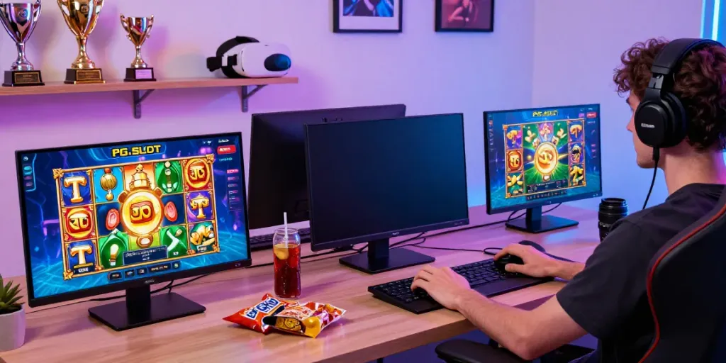 Player enjoying PG SLOT gaming on a vibrant setup with engaging animations and colorful interfaces.