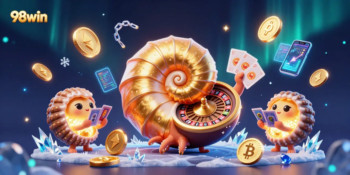 Spin and win with 98win's exciting 3D casino illustration showcasing dynamic gaming elements and crypto coins.