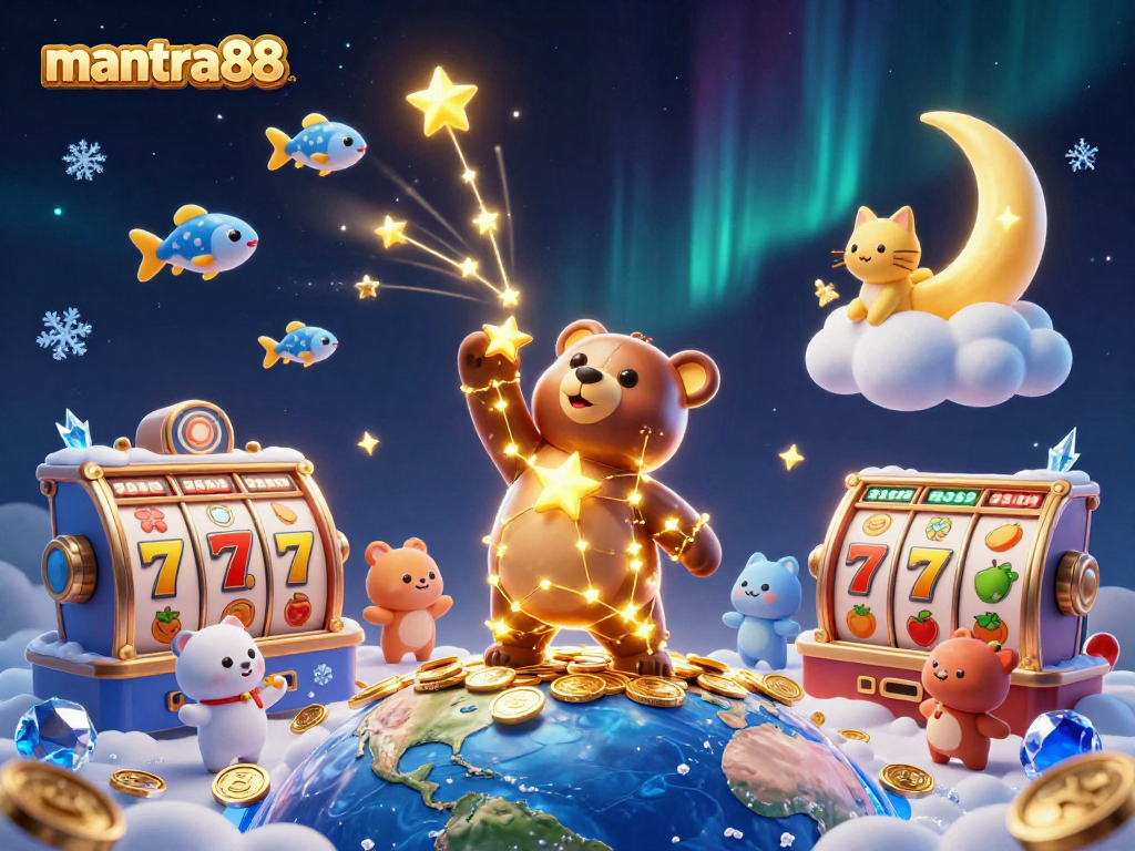 Experience thrilling gaming action with mantra88, featuring dazzling stars and spinning slot reels.