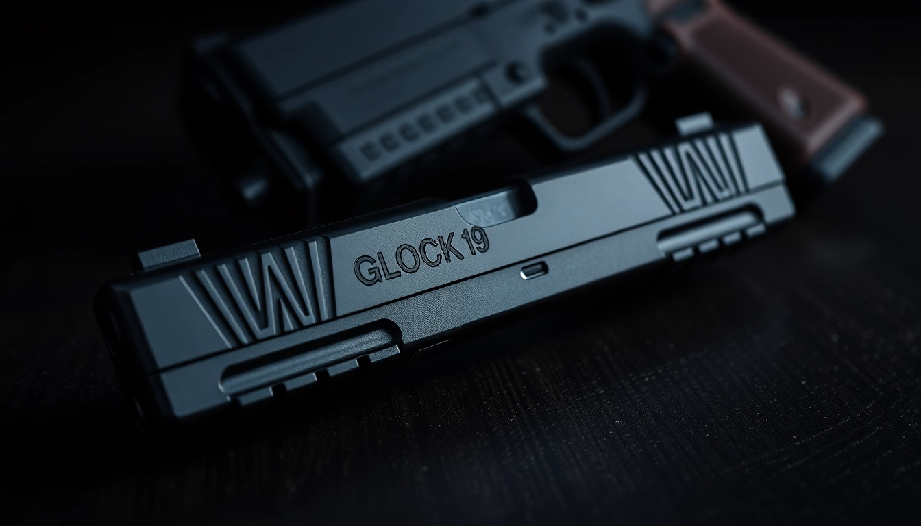 Showcasing a glock 19 slide with detailed craftsmanship and metallic textures.