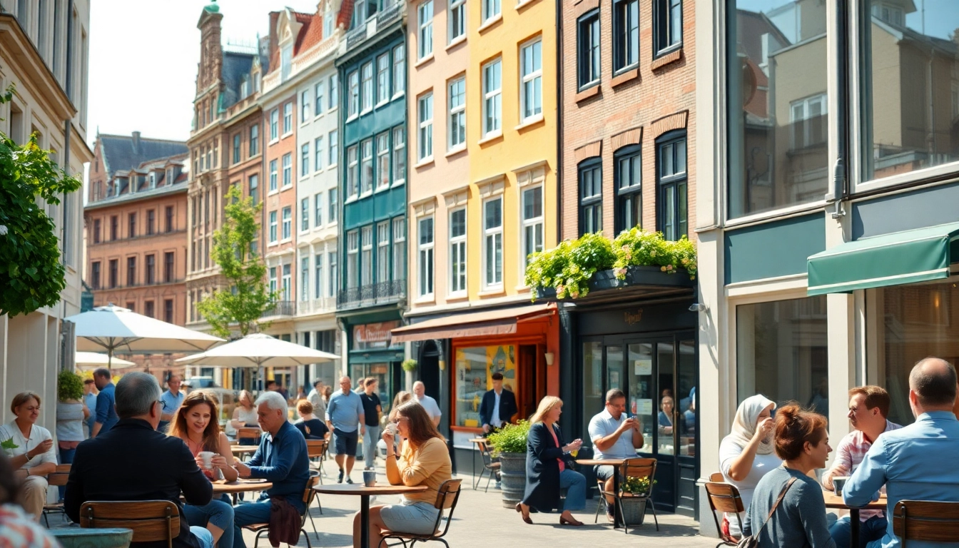 Beleefdenhaag.nl toont een levendige straat in Den Haag met mensen die genieten.