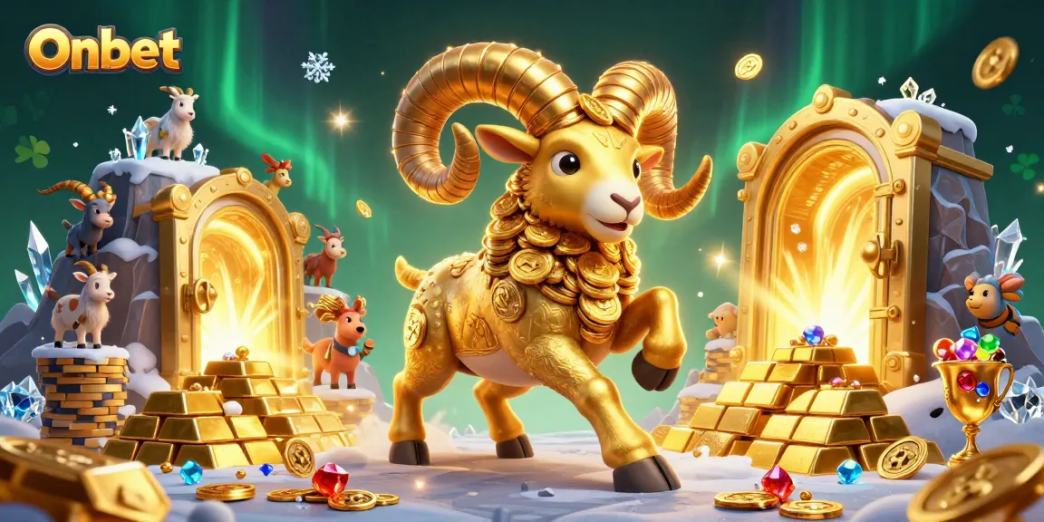 Experience winning at Onbet with the dynamic golden ram at the casino gate surrounded by treasures.