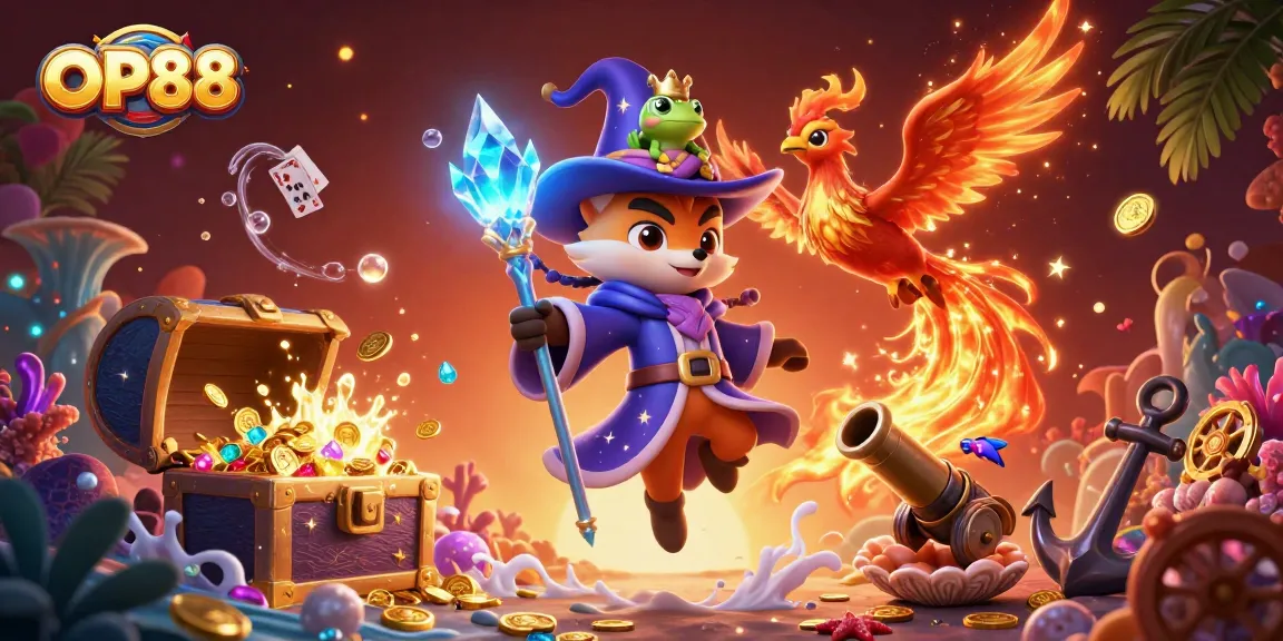 Engage in thrilling gameplay at OP88 with magical characters, coins, and vibrant casino elements.