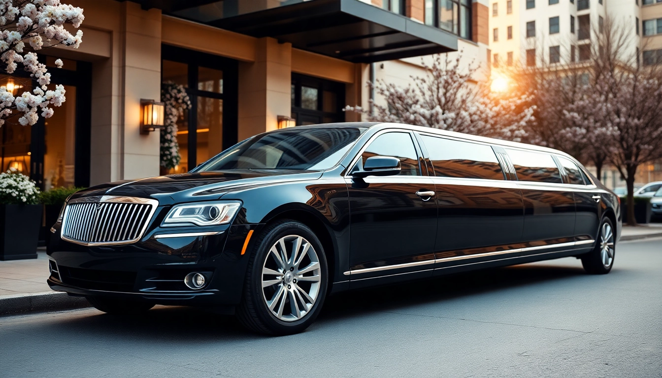 Experience luxury limo service Lincoln RI with a stunning black limousine in an upscale setting.