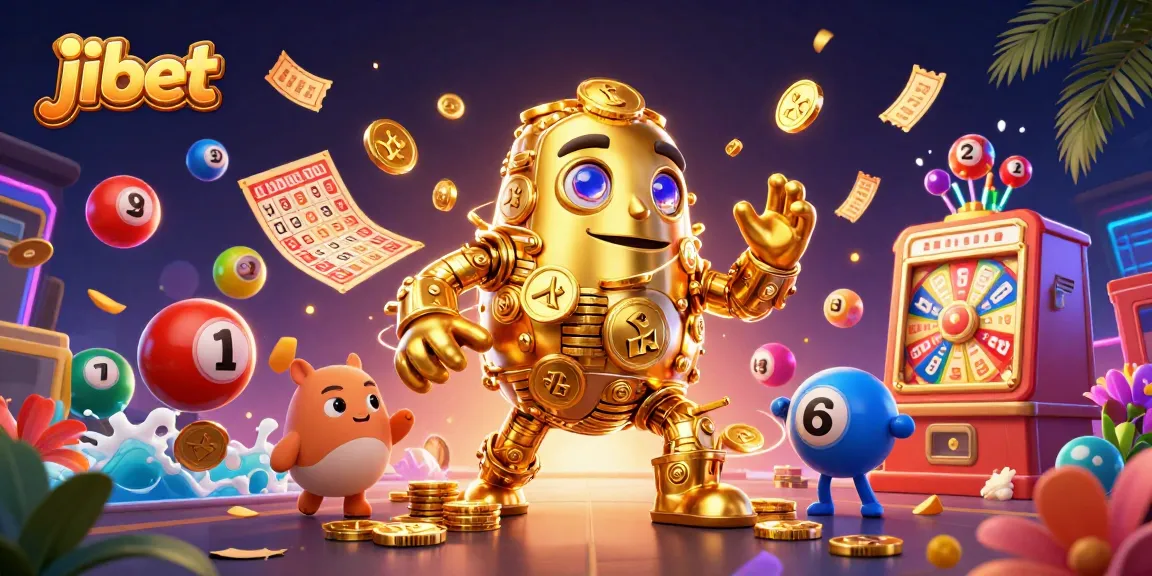 Experience the thrill of jibet with a dynamic golden golem amidst lottery elements and jackpot excitement.