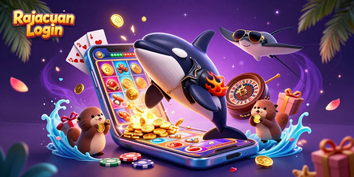 Permainan Rajacuan Login dengan orca, ikan pari, dan berang-berang menampilkan koin emas.