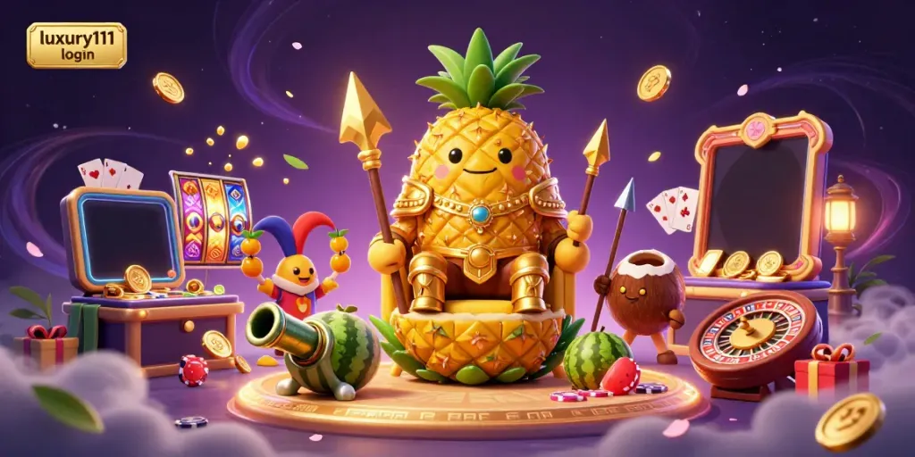 Engage with luxury111 login in a vibrant 3D casino scene filled with slot games and golden coins.