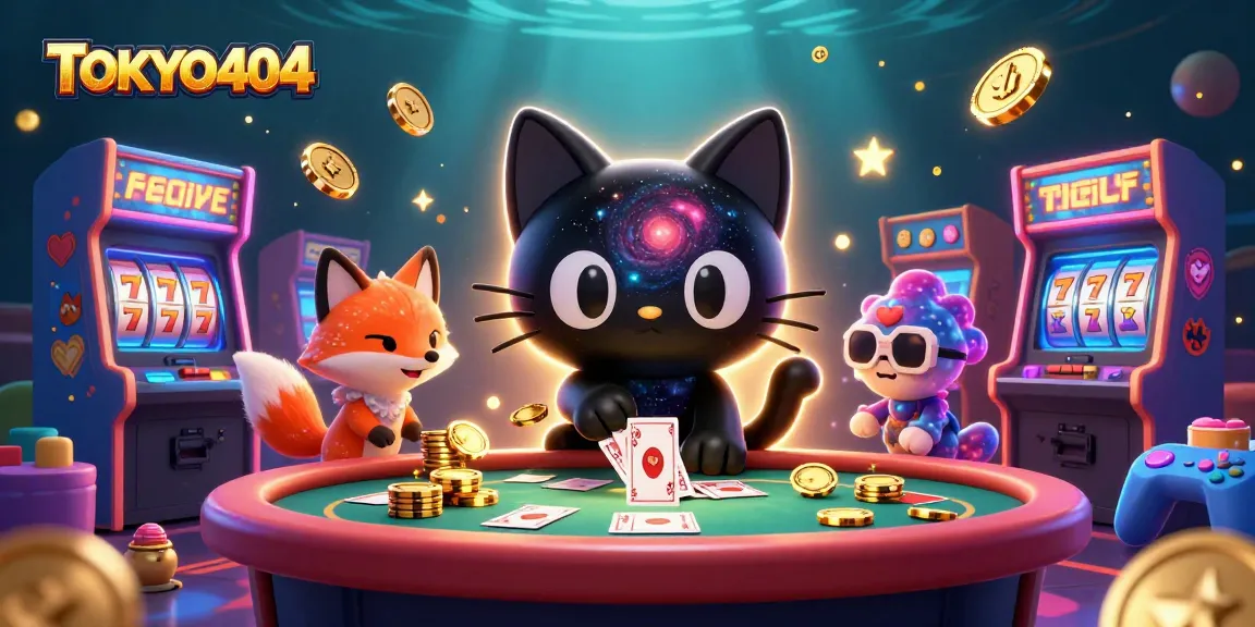 Engage with TOKYO404's cosmic experience featuring a black hole cat at a vibrant casino scene.