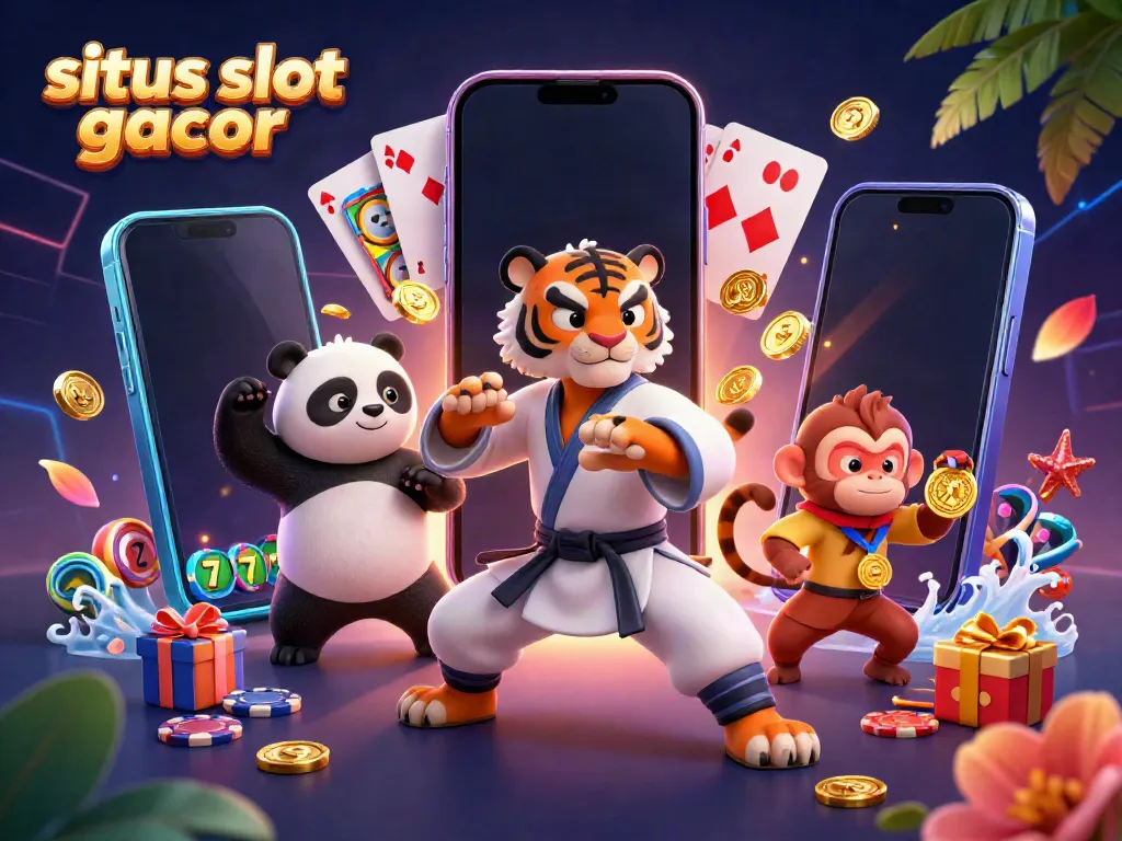 Situs slot gacor excitingly illustrated with a kung fu tiger master and companions in a dynamic casino scene.