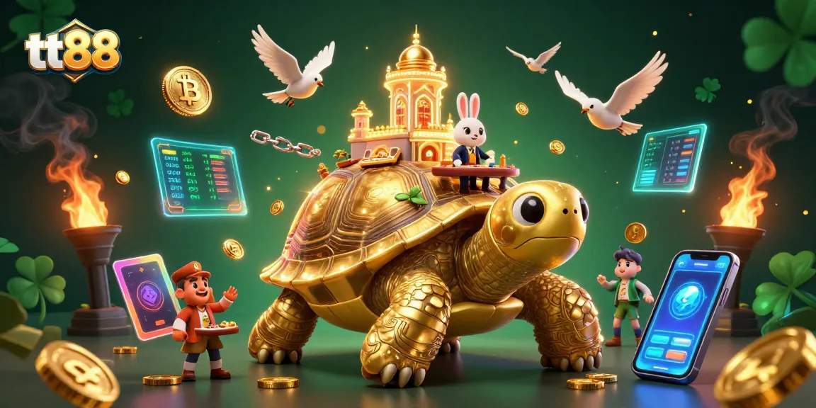 Engage in top-tier gaming at tt88, featuring a golden tortoise casino scene with vibrant characters and crypto elements.