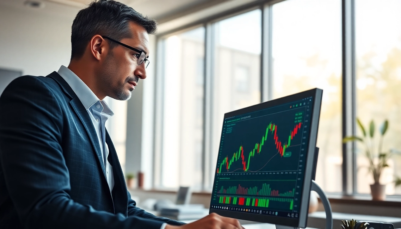 Engaged altcoin investor analyzing market trends in a vibrant office setting.