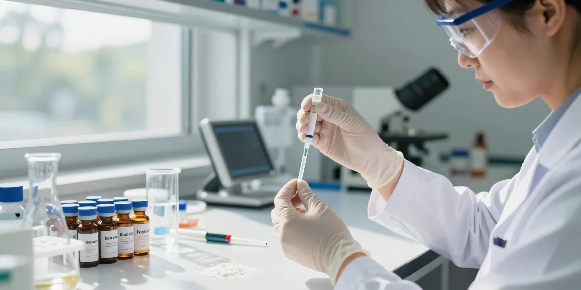 Researcher measuring tesamoralin peptide in a bright lab environment.