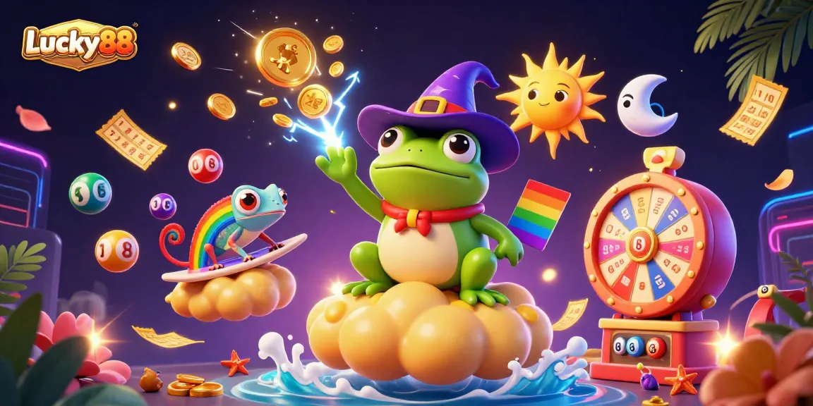 Engage with Lucky88’s vibrant casino scene featuring a wizard frog and chameleon amidst dynamic lottery elements.