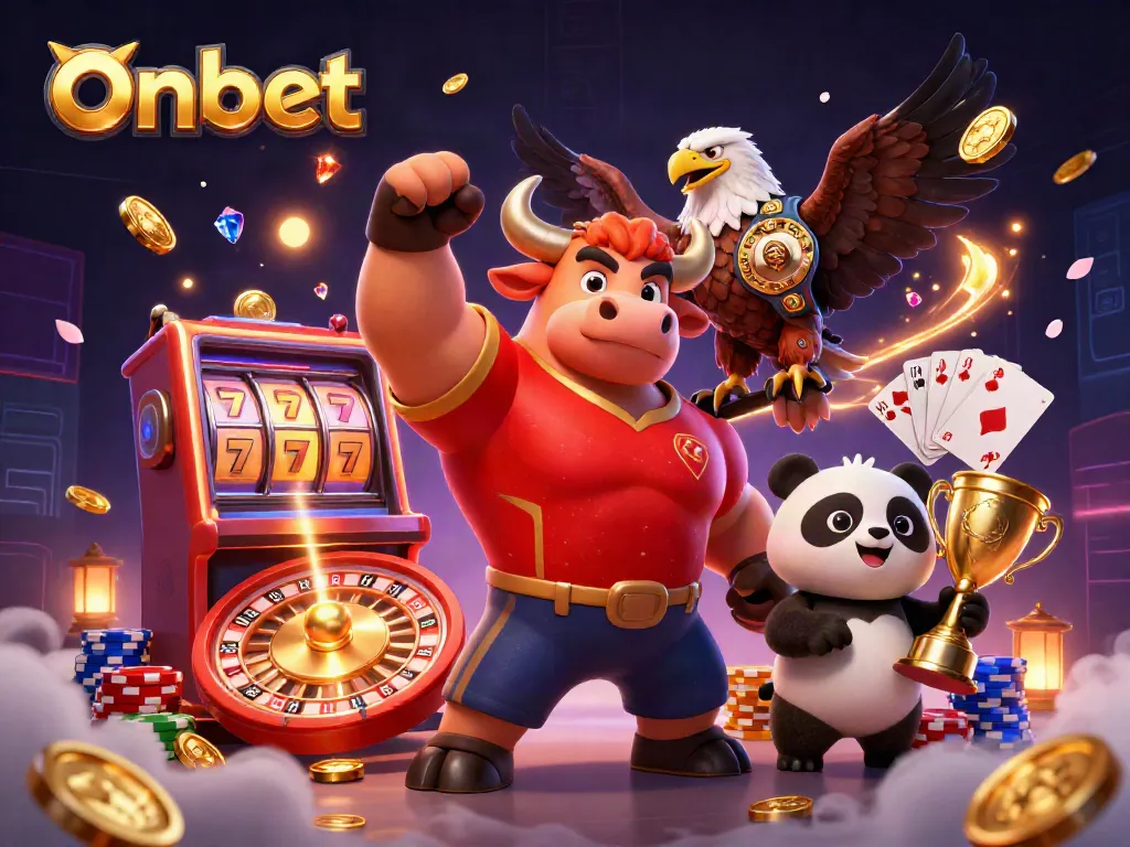 Onbet's 3D illustration features a victorious bull mascot, eagle, and panda amidst slot machines and roulette.