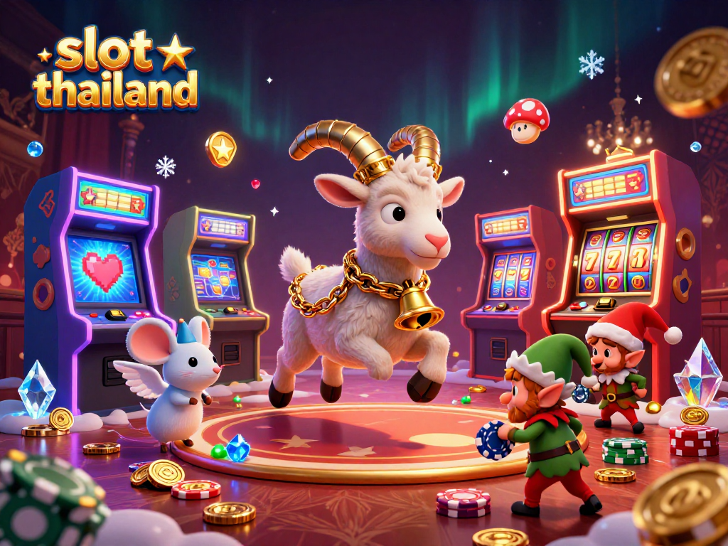 Play exciting slot thailand games in a festive casino with engaging 3D characters and colorful elements.