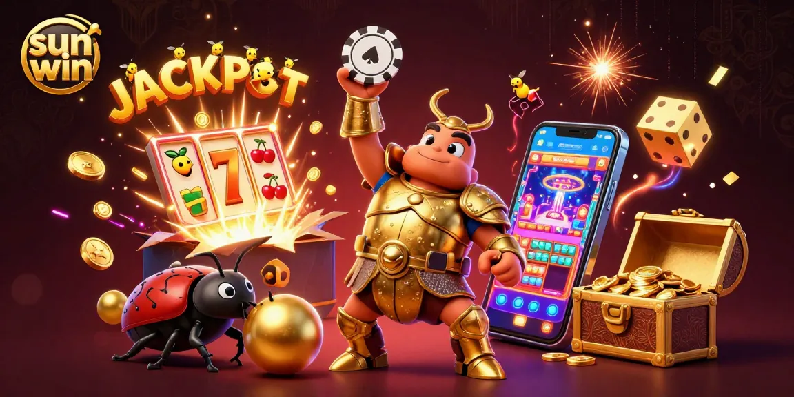 Experience the thrill of sun win as a hercules beetle celebrates a jackpot amidst vibrant casino elements.