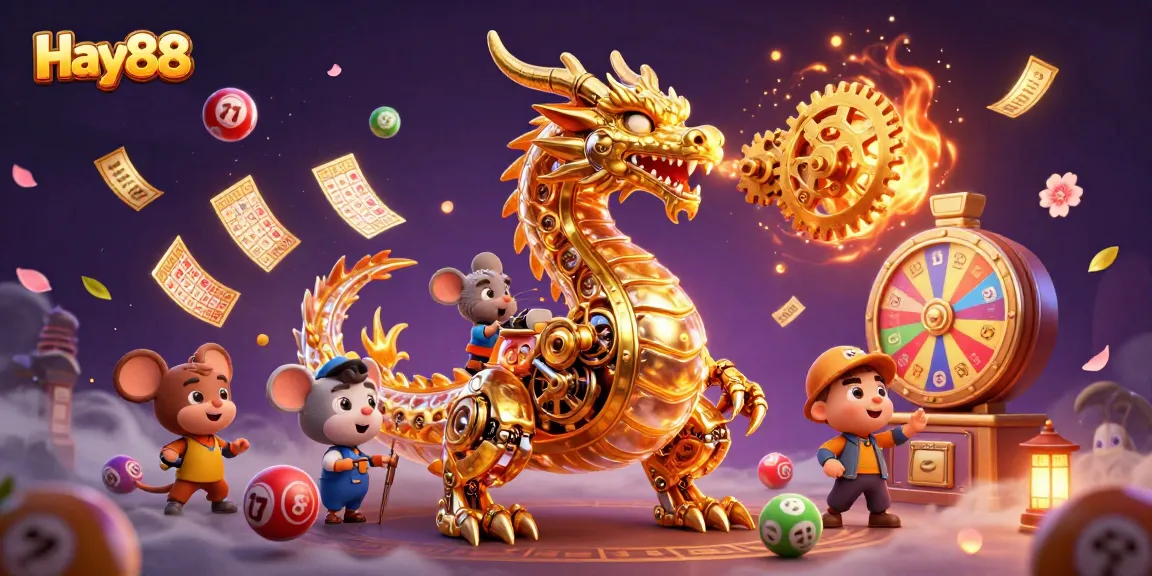 Experience the excitement of Hay88 with dynamic lottery elements, golden dragon, and vibrant casino graphics.