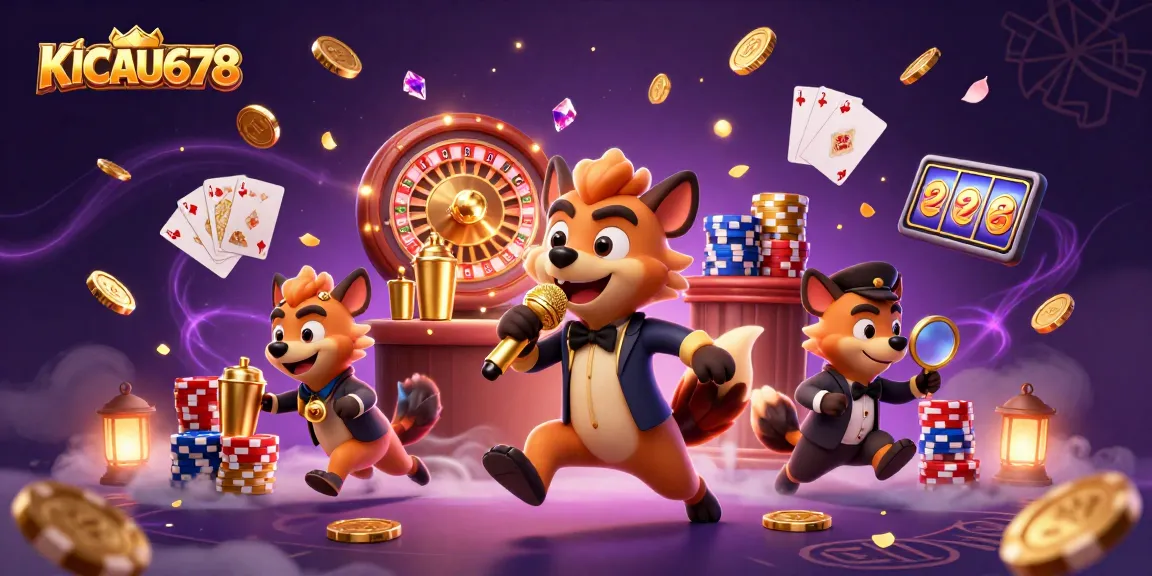 KICAU678 welcomes players to a vibrant casino scene with hyenas entertaining, mixing drinks, and checking IDs amidst gold coins and poker chips.