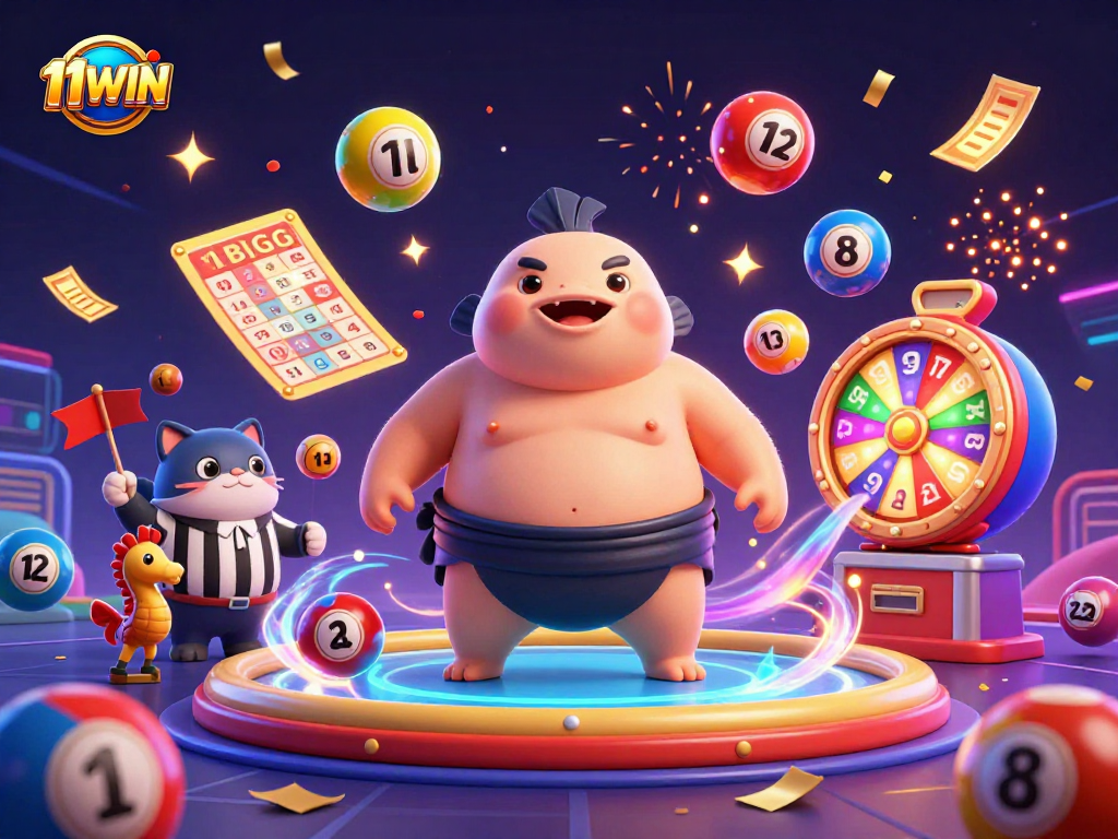 Witness the excitement at 11WIN with a fugu and catfish referee in a vibrant casino scene.