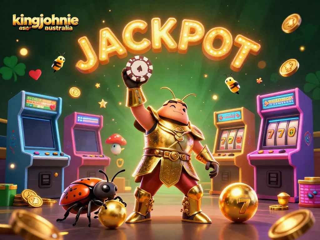 Celebrate wins at kingjohnnie casino australia with vibrant 3D beetles in a jackpot-themed scene.