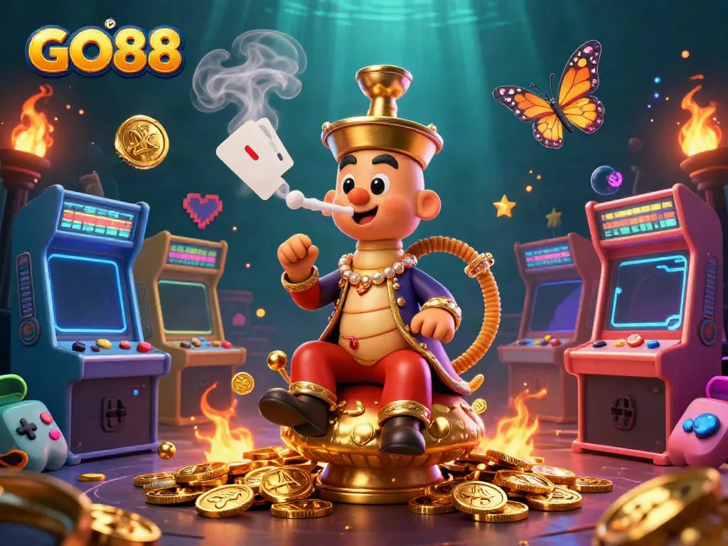 Experience the vibrant world of GO88 with an enchanting caterpillar in a rich casino-themed illustration.