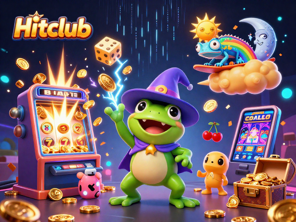 Hitclub showcases a dazzling casino scene with cartoon characters, golden coins, and exciting game elements.