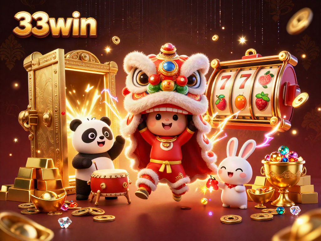 Experience excitement with 33win's vibrant slot scene, featuring lively casino characters.