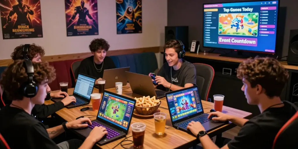 Players enjoying bos88 online slots in a vibrant gaming lounge with interactive screens and game stats.