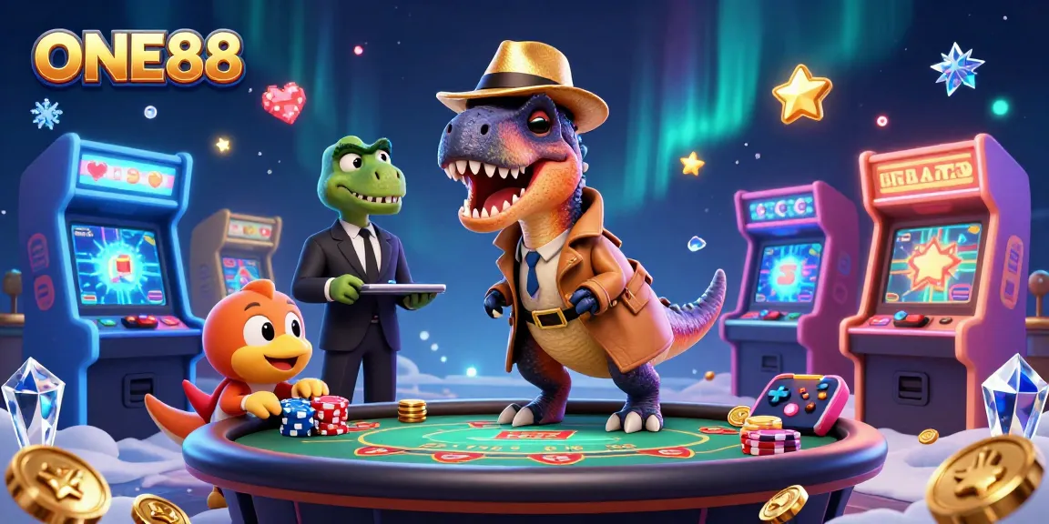 One88 showcases a velociraptor card counter at a blackjack table amidst vibrant gaming elements.