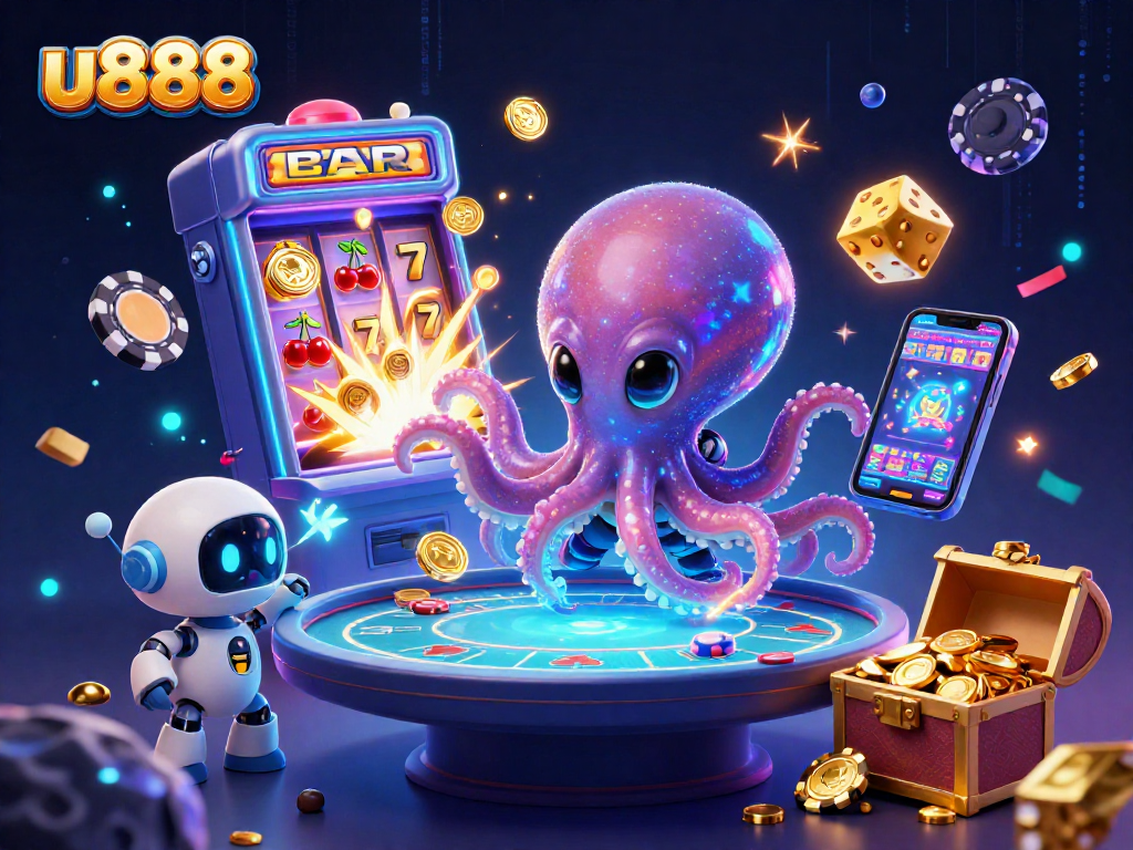 u888 showcases an alien octopus at a dynamic poker table surrounded by exciting casino elements.