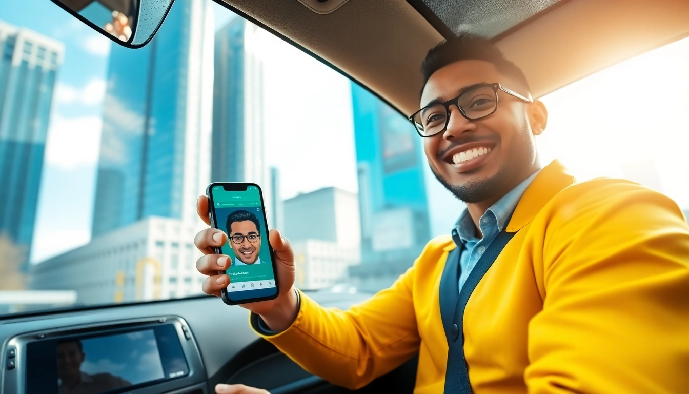 Promote the most affordable rideshare service among others with a friendly driver showcasing a modern app.