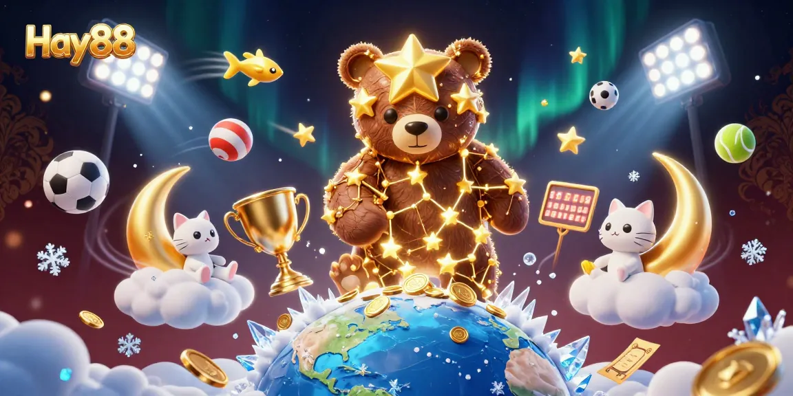 Experience Hay88's vibrant gambling scene with a constellation bear, sports balls, and gold coins.