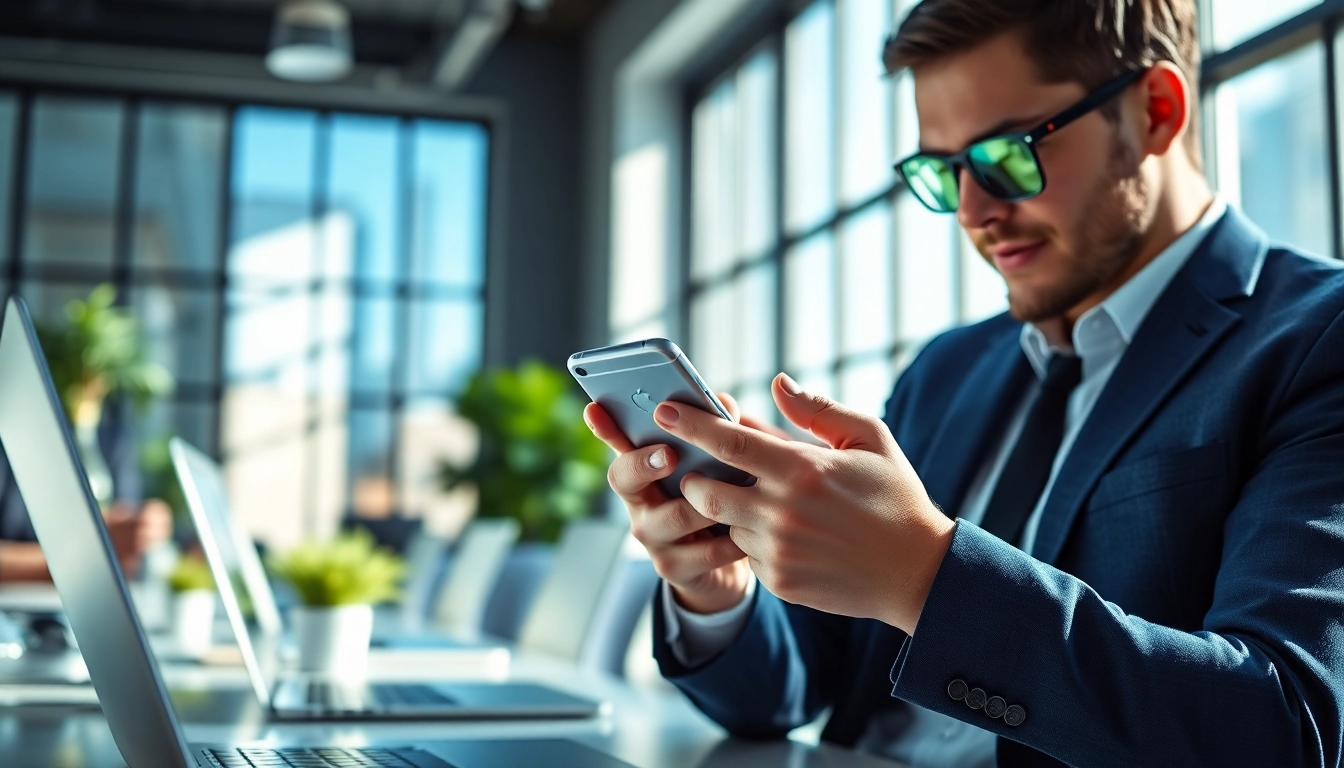 Explore business mobile deals UK with a professional using a sleek smartphone.