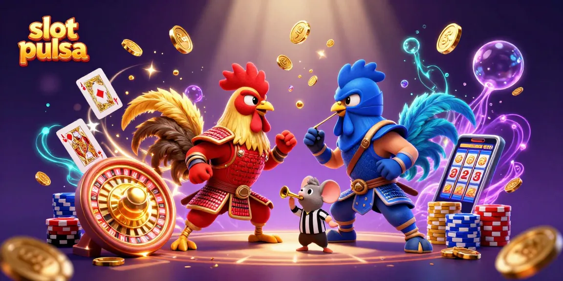 Engage with exciting slot pulsa action as roosters duel amidst cascading gold coins and 3D casino elements.