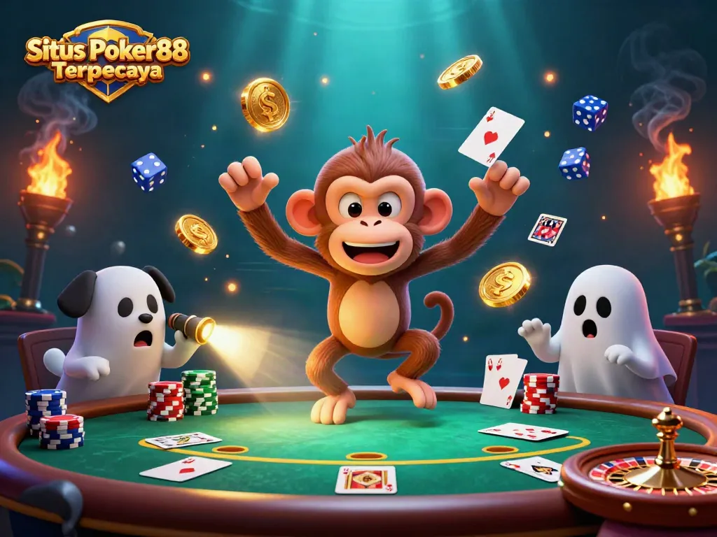 Situs Poker88 Terpercaya offers immersive poker excitement with a lively ghost-hunter scene capturing game elements.