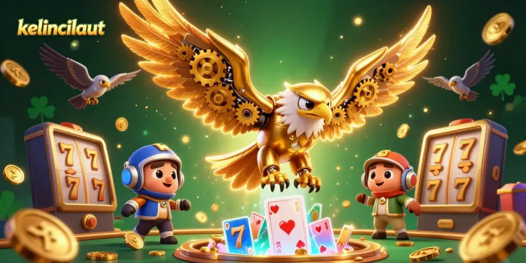 Engage with kelincilaut as a golden eagle and dynamic slots elements fill the scene, illustrating vibrant casino action.