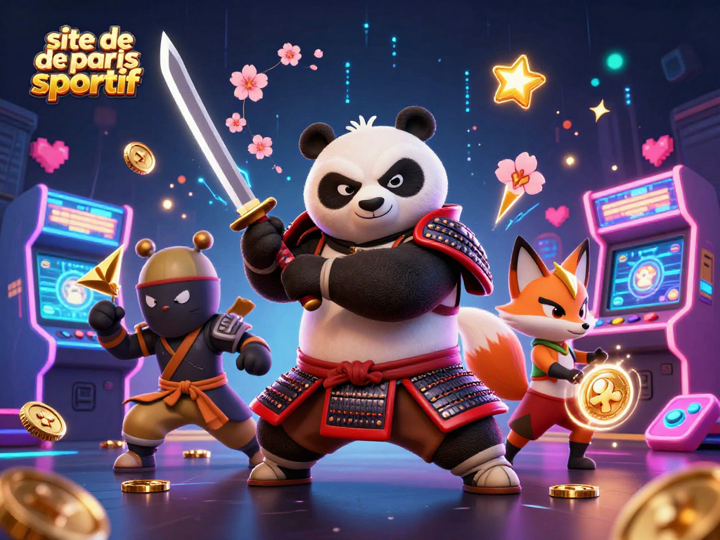 Site de paris sportif vibrant avec un panda samouraï et un renard ninja, entouré de machines de jeu dynamiques.