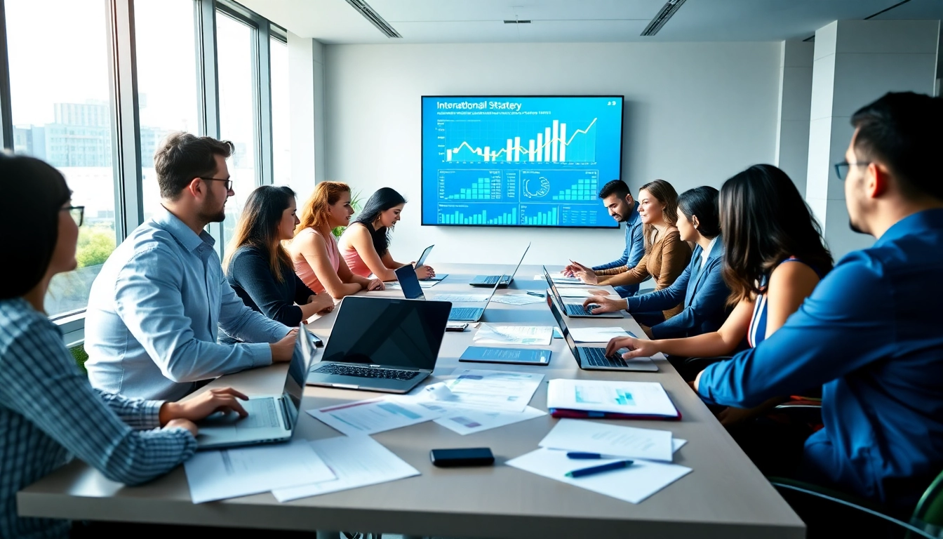 Discussing the benefits of the international bolt on during a business meeting in a modern office.