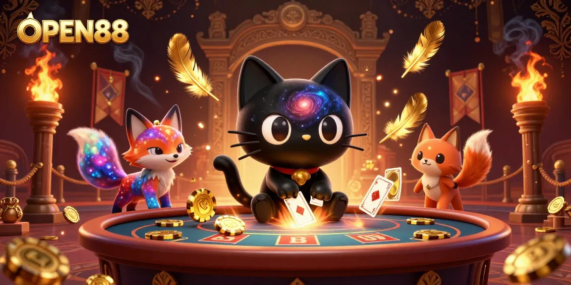Engage with OPEN88 in a vibrant cosmic casino, featuring an animated black hole cat and colorful fox surrounded by golden elements.