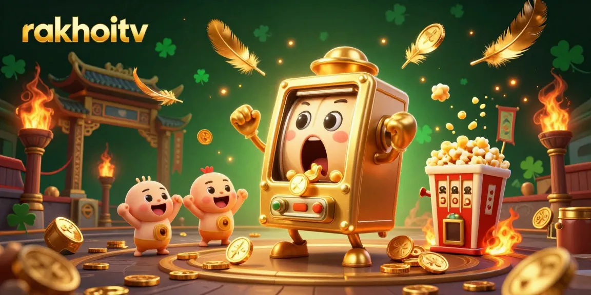 Experience the excitement of rakhoitv as the golden slot machine hits a jackpot surrounded by cheering mini machines and festive elements.